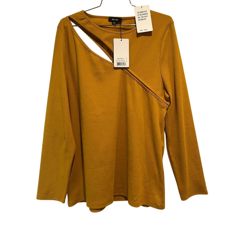 Saint + Sofia Reveal Cutout Mustard Yellow Rib Knit Top NWT 18 2xl